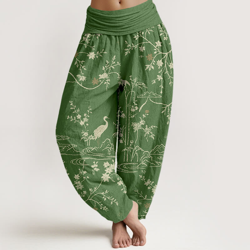 Breathable Cotton Crane Print Meditation Harem Pants