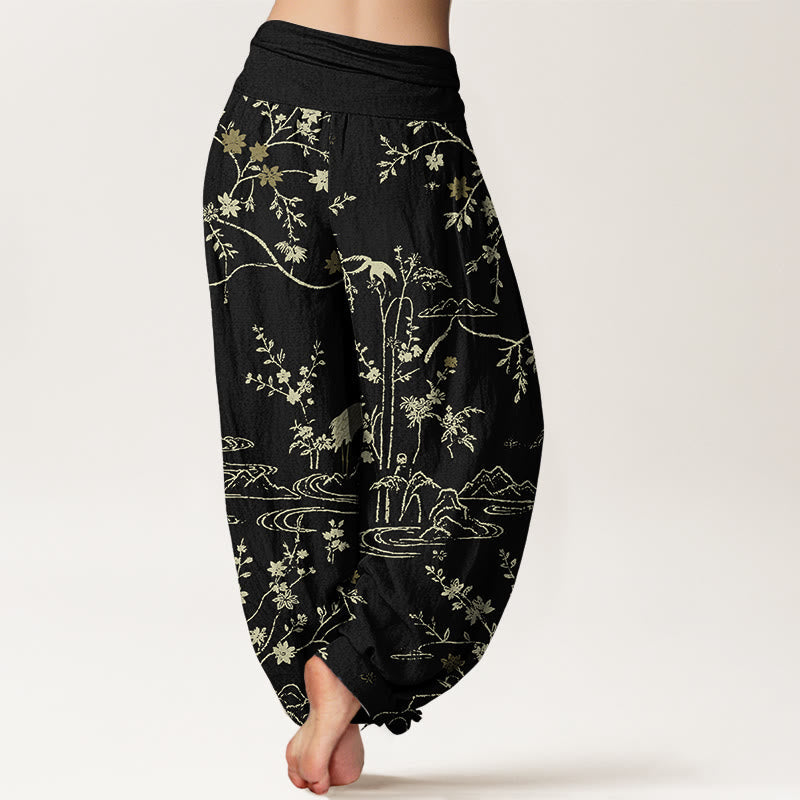 Breathable Cotton Crane Print Meditation Harem Pants