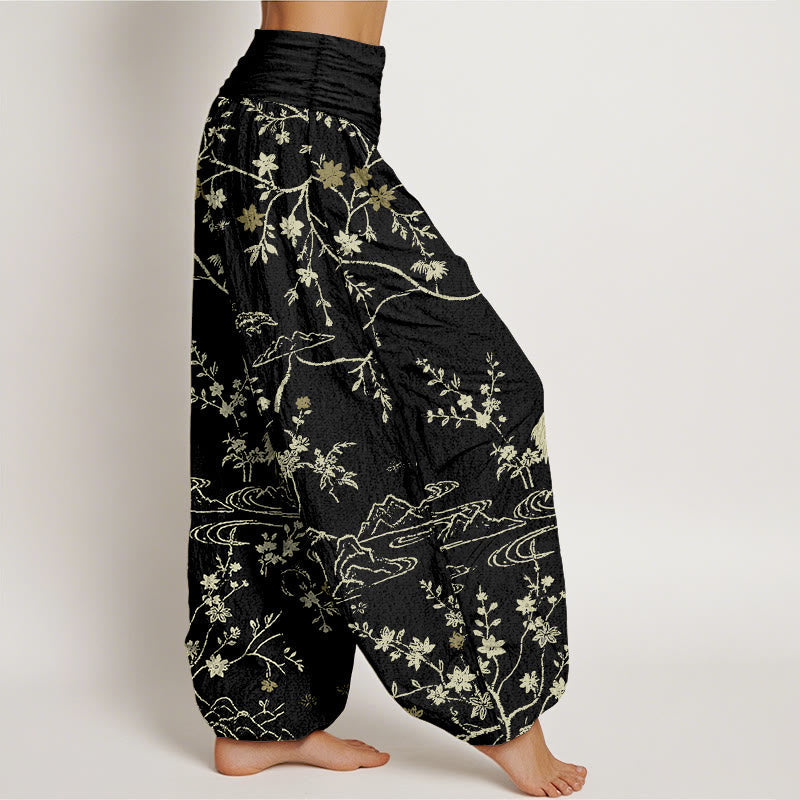 Breathable Cotton Crane Print Meditation Harem Pants