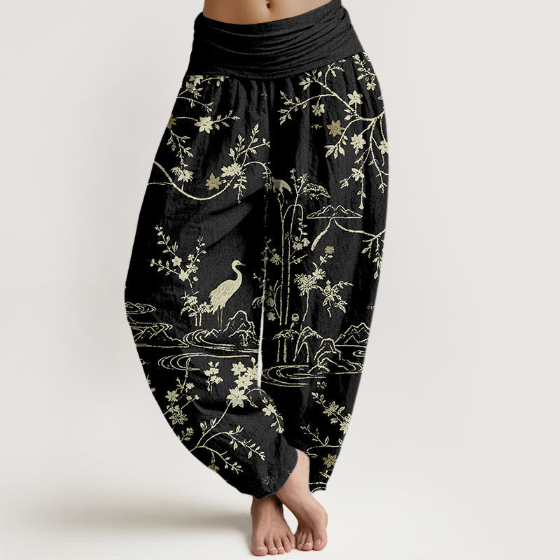 Breathable Cotton Crane Print Meditation Harem Pants