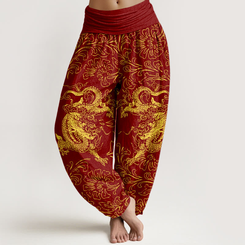 Breathable Cotton Dragon Print Elastic Waist Meditation Harem Pants