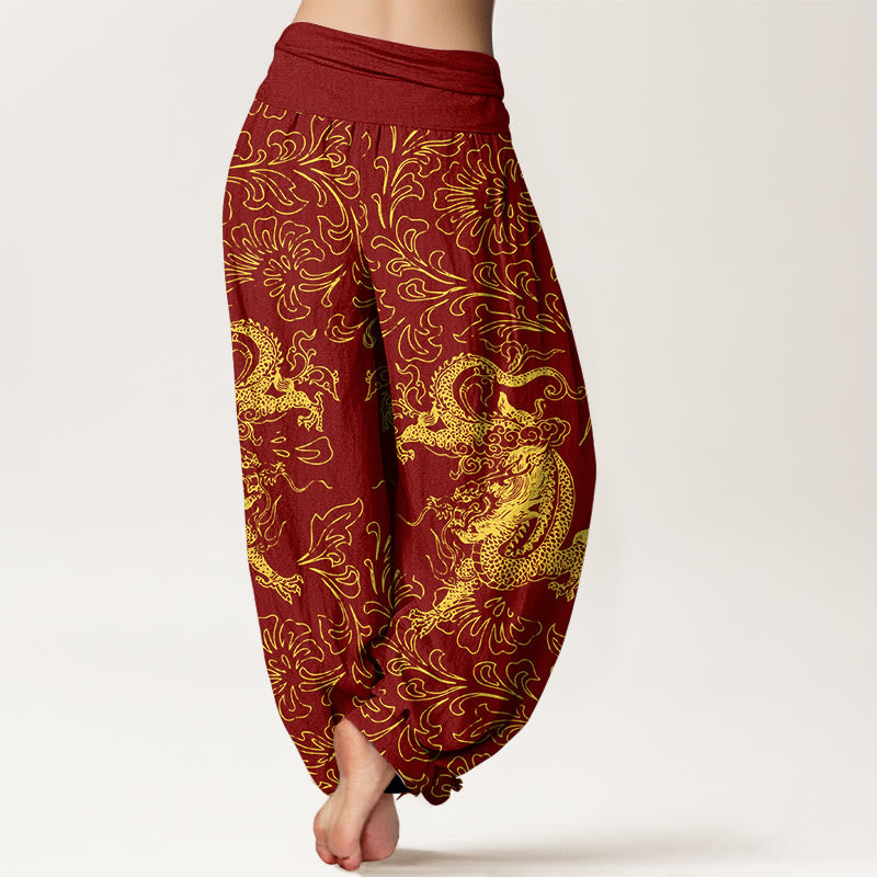 Breathable Cotton Dragon Print Elastic Waist Meditation Harem Pants