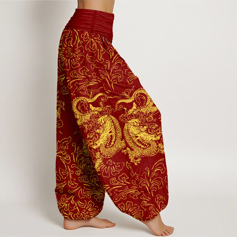 Breathable Cotton Dragon Print Elastic Waist Meditation Harem Pants