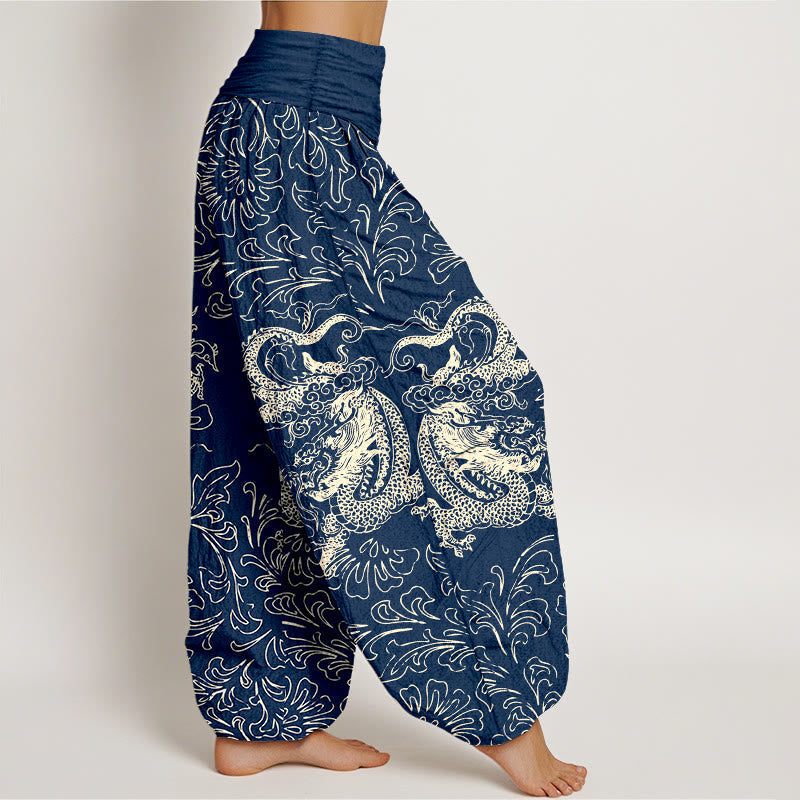 Breathable Cotton Dragon Print Elastic Waist Meditation Harem Pants