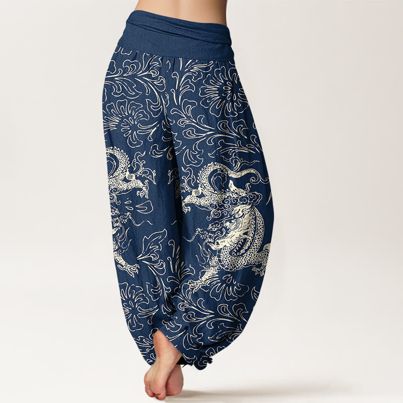 Breathable Cotton Dragon Print Elastic Waist Meditation Harem Pants