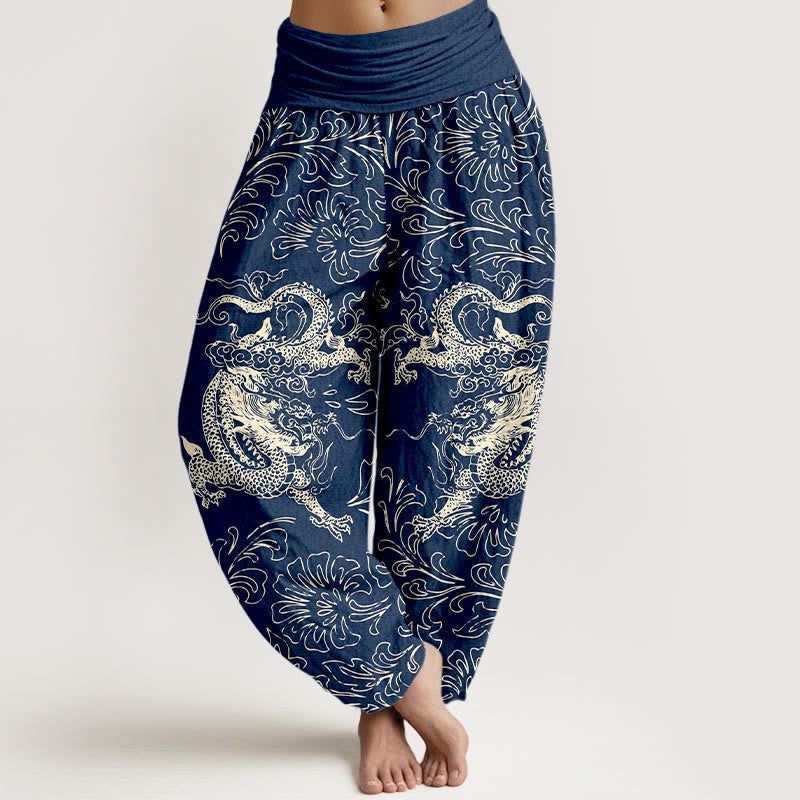 Breathable Cotton Dragon Print Elastic Waist Meditation Harem Pants