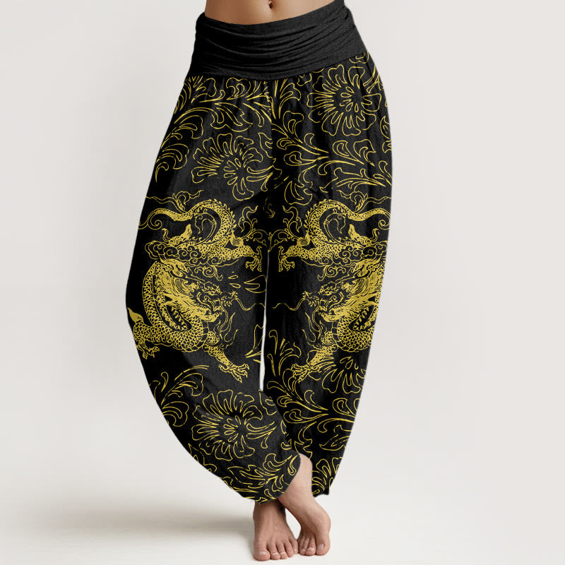Breathable Cotton Dragon Print Elastic Waist Meditation Harem Pants