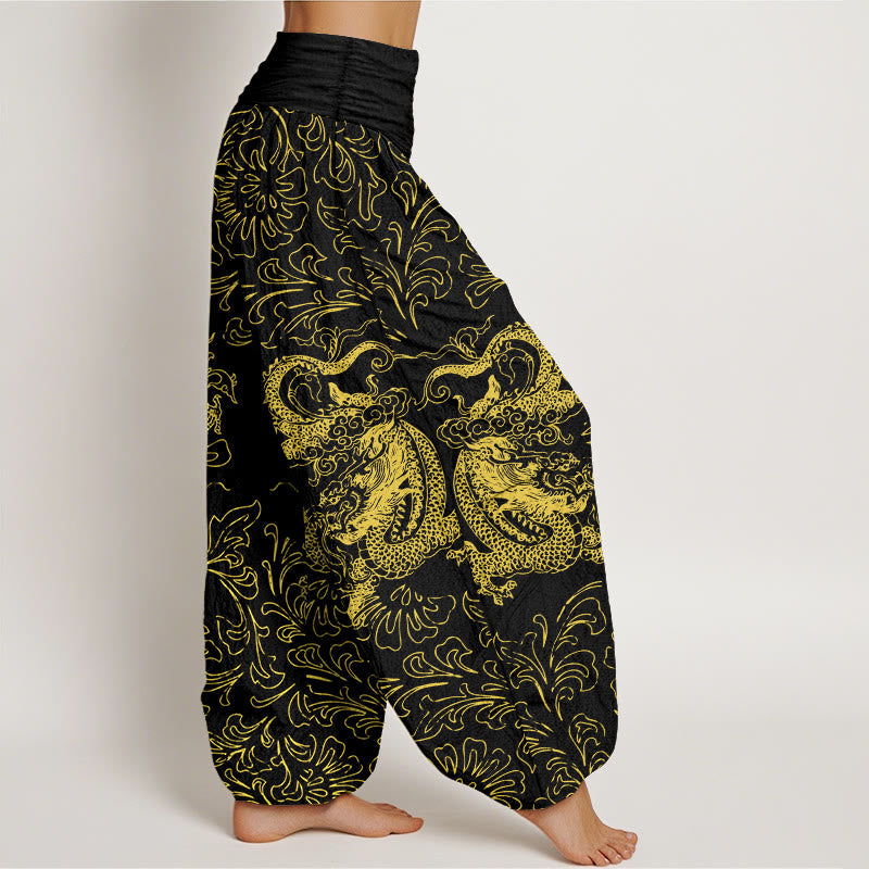 Breathable Cotton Dragon Print Elastic Waist Meditation Harem Pants