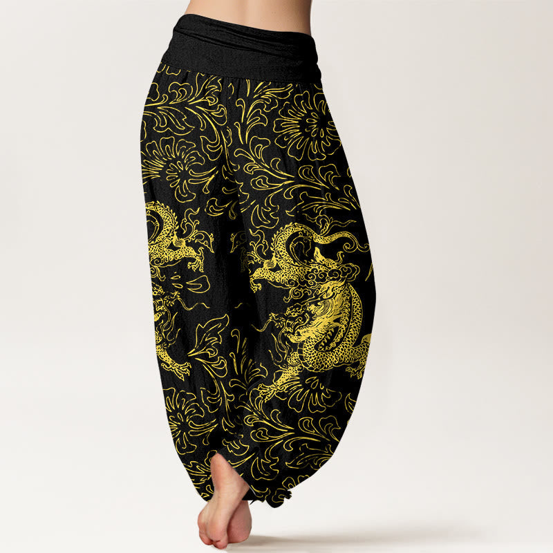 Breathable Cotton Dragon Print Elastic Waist Meditation Harem Pants