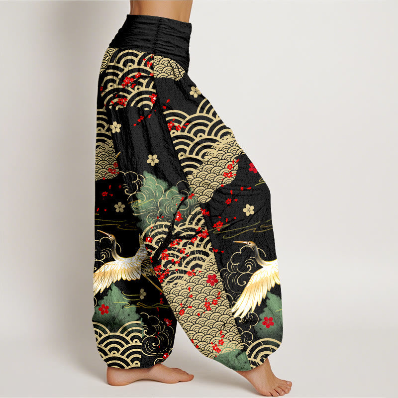 Breathable Cotton Crane Print Meditation Harem Pants