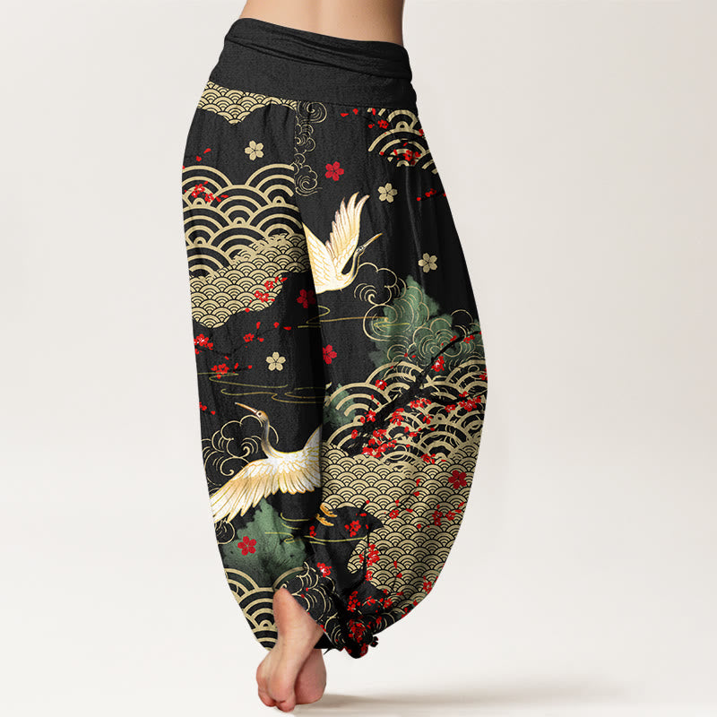 Breathable Cotton Crane Print Meditation Harem Pants