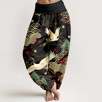 Breathable Cotton Crane Print Meditation Harem Pants