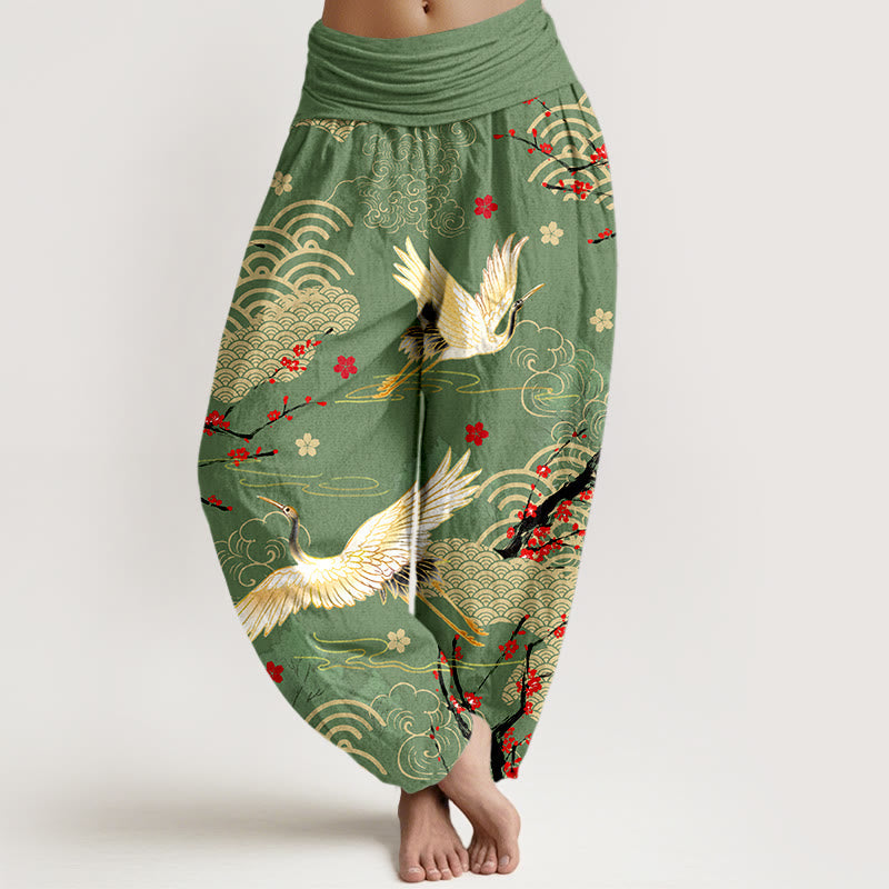 Breathable Cotton Crane Print Meditation Harem Pants