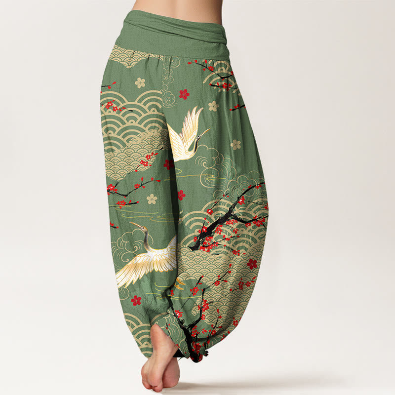 Breathable Cotton Crane Print Meditation Harem Pants