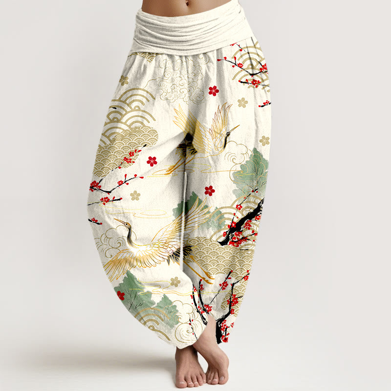 Breathable Cotton Crane Print Meditation Harem Pants