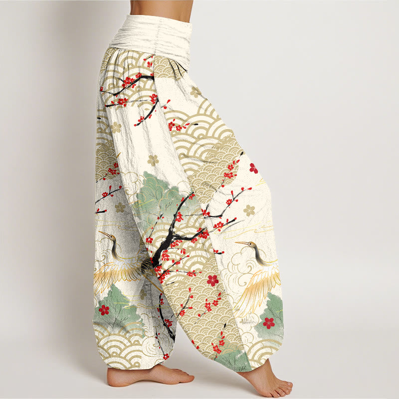 Breathable Cotton Crane Print Meditation Harem Pants