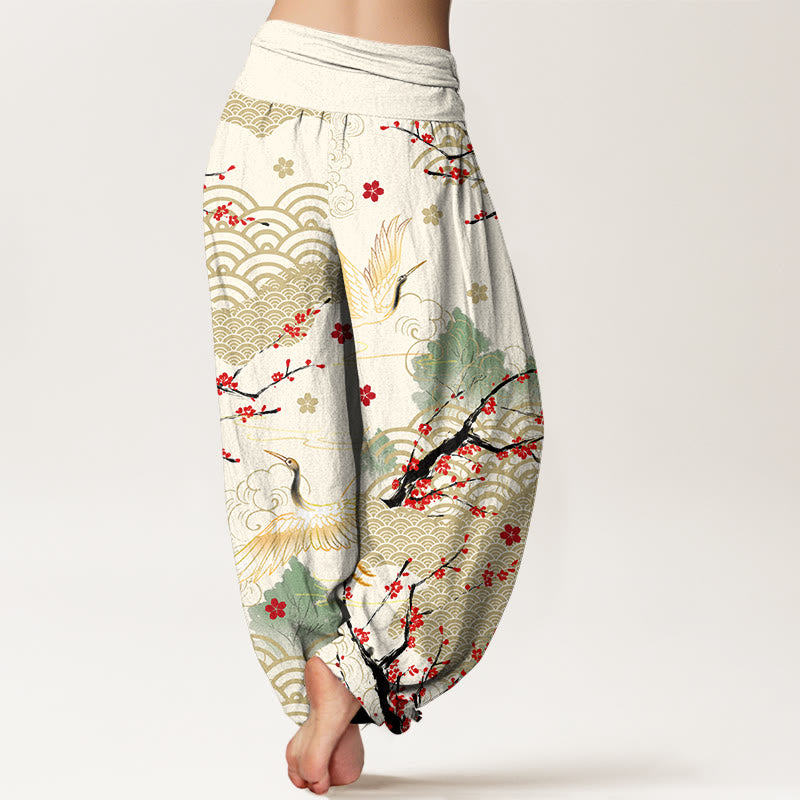 Breathable Cotton Crane Print Meditation Harem Pants