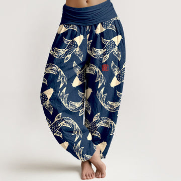 Pure Cotton Koi Print Elastic Waist Meditation Harem Pants