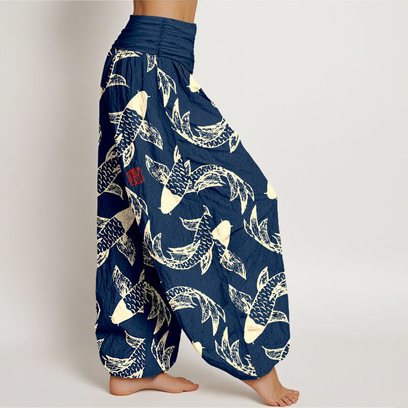 Pure Cotton Koi Print Elastic Waist Meditation Harem Pants