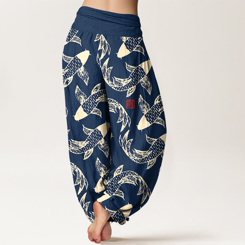 Pure Cotton Koi Print Elastic Waist Meditation Harem Pants
