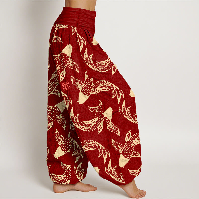 Pure Cotton Koi Print Elastic Waist Meditation Harem Pants