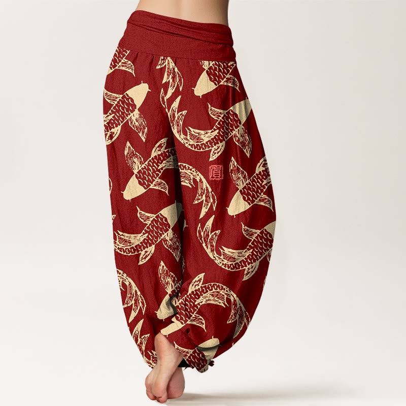 Pure Cotton Koi Print Elastic Waist Meditation Harem Pants