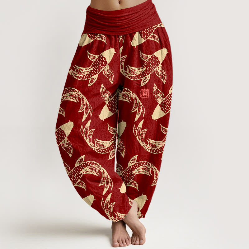 Pure Cotton Koi Print Elastic Waist Meditation Harem Pants