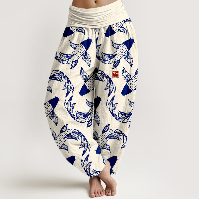 Pure Cotton Koi Print Elastic Waist Meditation Harem Pants