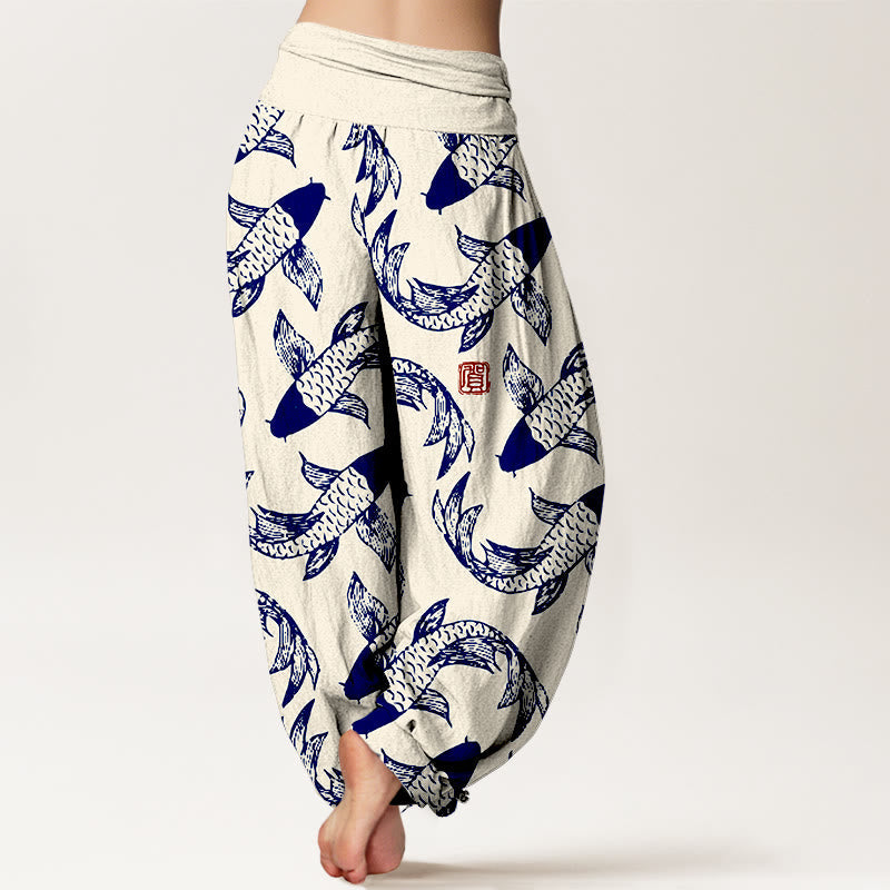Pure Cotton Koi Print Elastic Waist Meditation Harem Pants
