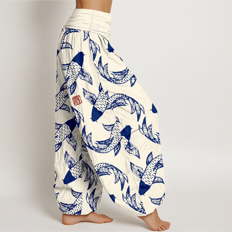 Pure Cotton Koi Print Elastic Waist Meditation Harem Pants