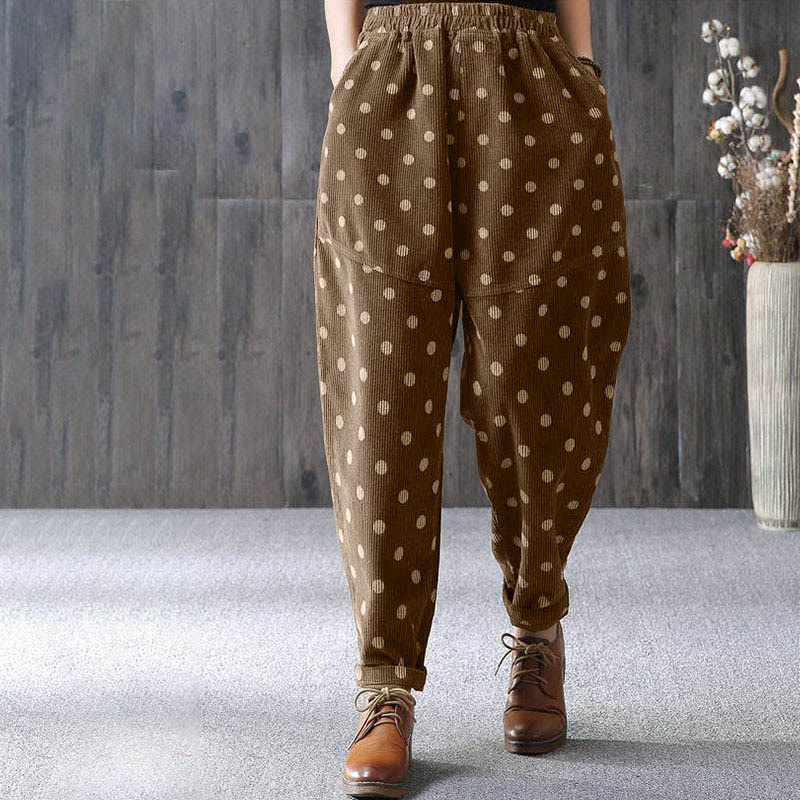 Women's Fall Commute Printing Dot Pattern Corduroy Harem Pants With Pockets