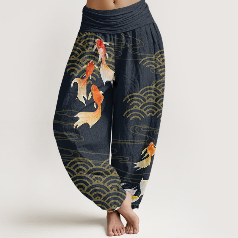 Tactile Cotton Koi Wave Print Women's Meditation Harem Pants