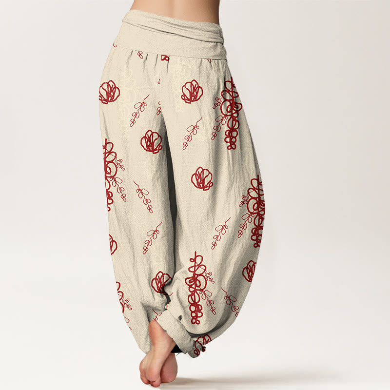 Cotton Botanical Print Pleated Waist Meditation Harem Pants