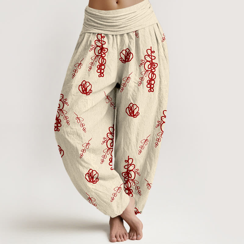 Cotton Botanical Print Pleated Waist Meditation Harem Pants