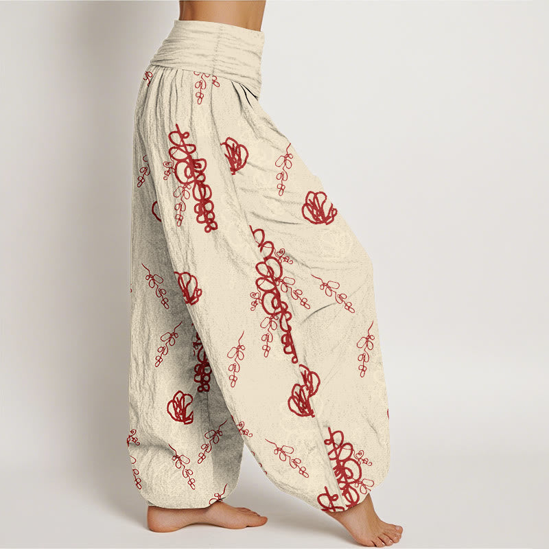 Cotton Botanical Print Pleated Waist Meditation Harem Pants