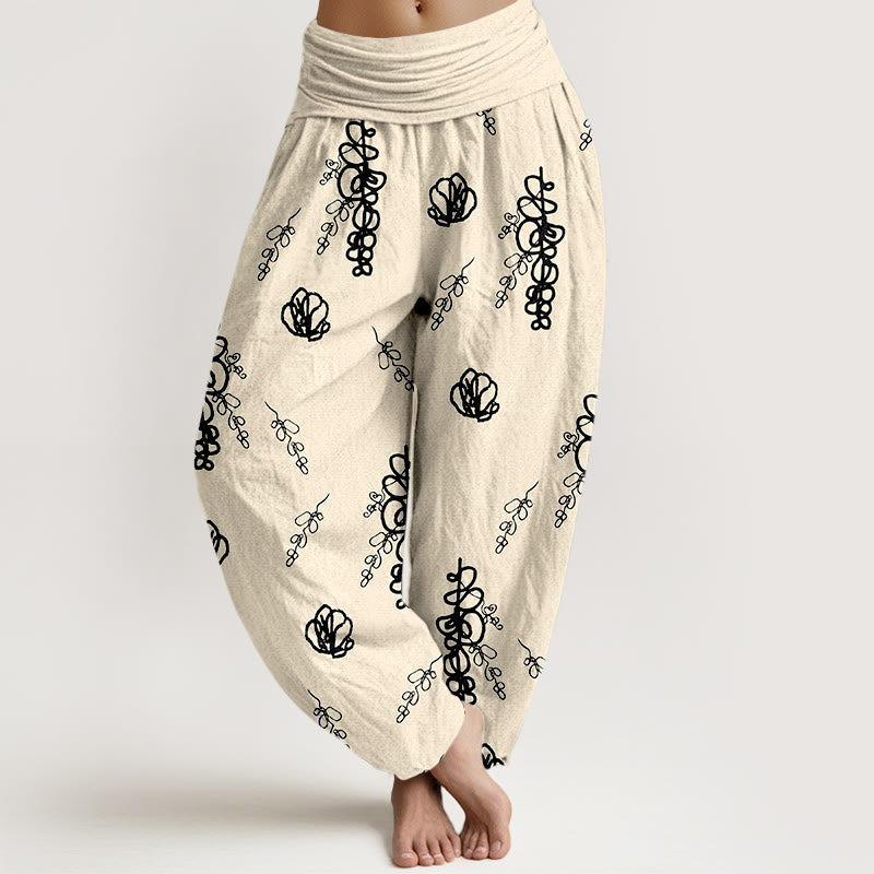Cotton Botanical Print Pleated Waist Meditation Harem Pants