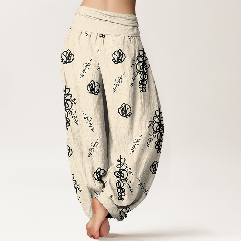Cotton Botanical Print Pleated Waist Meditation Harem Pants