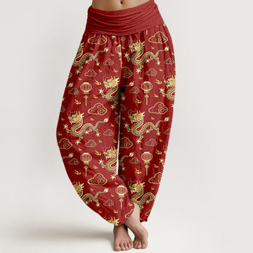 100% Cotton Dragon Print Harem Pants with Modal Waistband