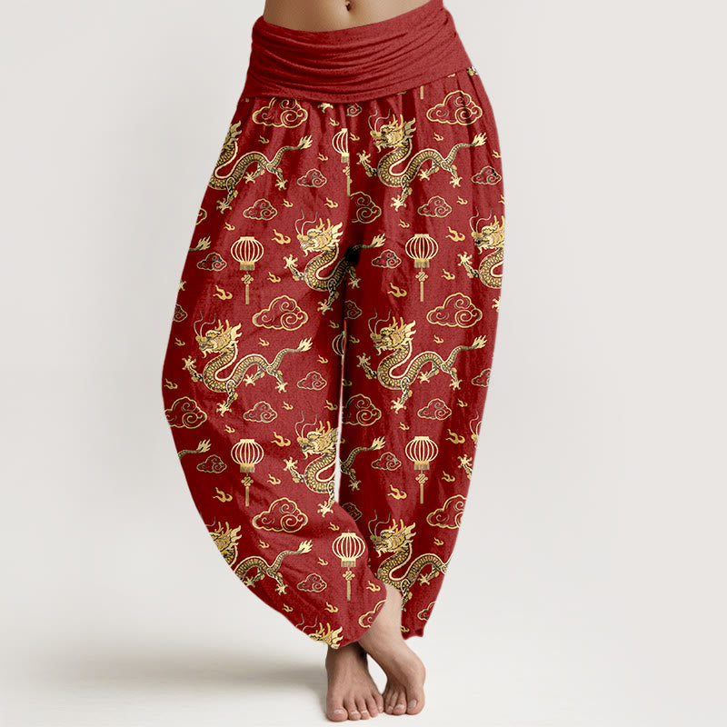100% Cotton Dragon Print Harem Pants with Modal Waistband