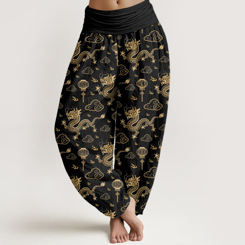 100% Cotton Dragon Print Harem Pants with Modal Waistband