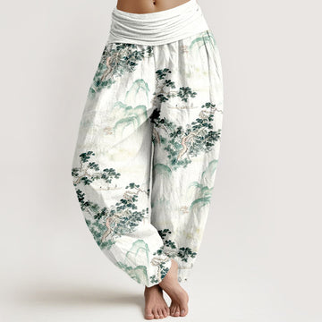 Pure Cotton Pine Mountain Pattern Elastic Waist Harem Meditation Pants