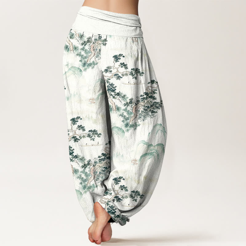 Pure Cotton Pine Mountain Pattern Elastic Waist Harem Meditation Pants