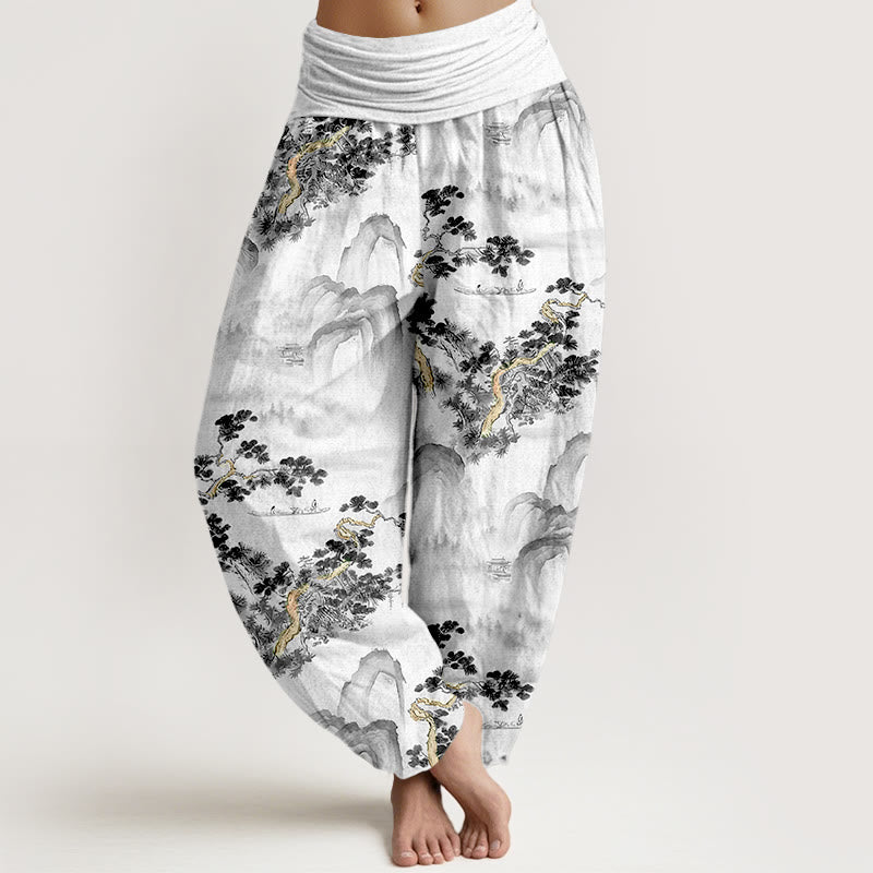 Pure Cotton Pine Mountain Pattern Elastic Waist Harem Meditation Pants