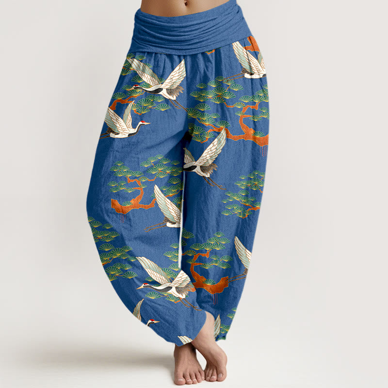 Breathable Cotton Crane Print Meditation Harem Pants