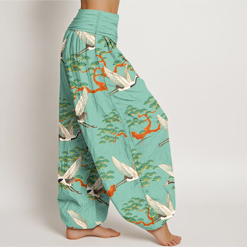 Breathable Cotton Crane Print Meditation Harem Pants
