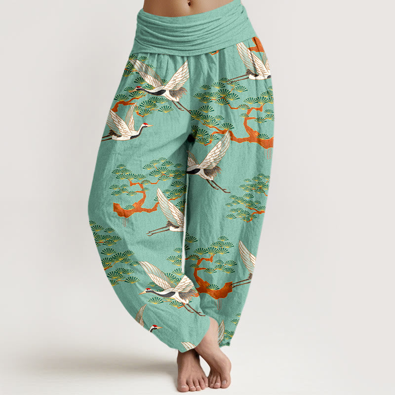 Breathable Cotton Crane Print Meditation Harem Pants