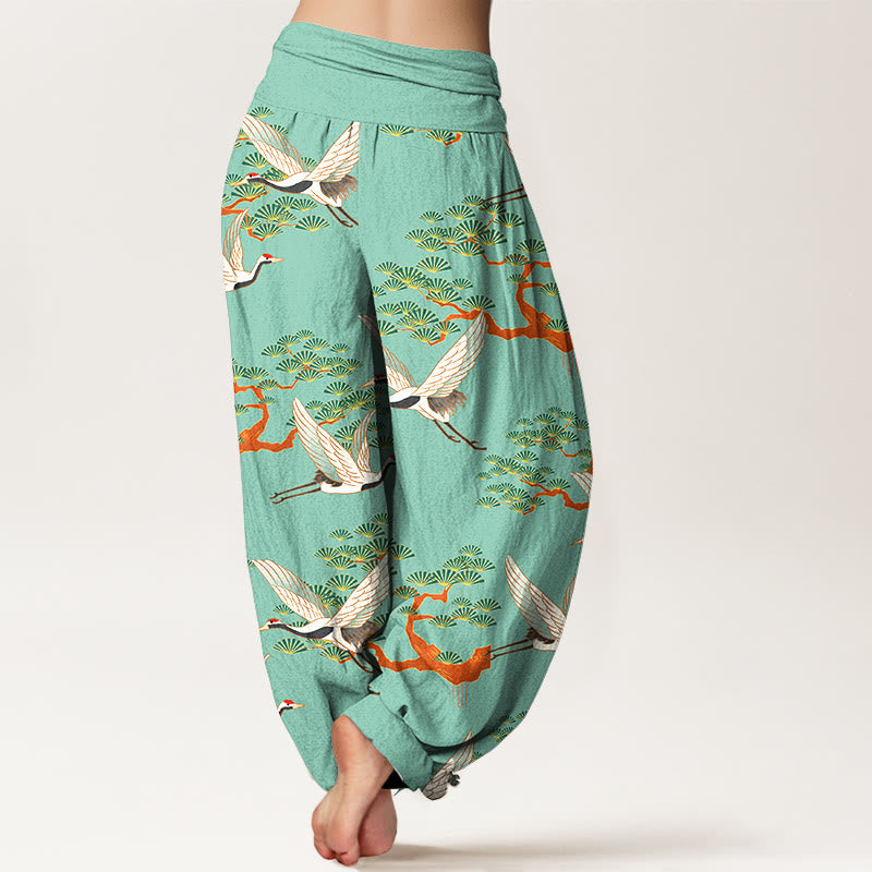 Breathable Cotton Crane Print Meditation Harem Pants