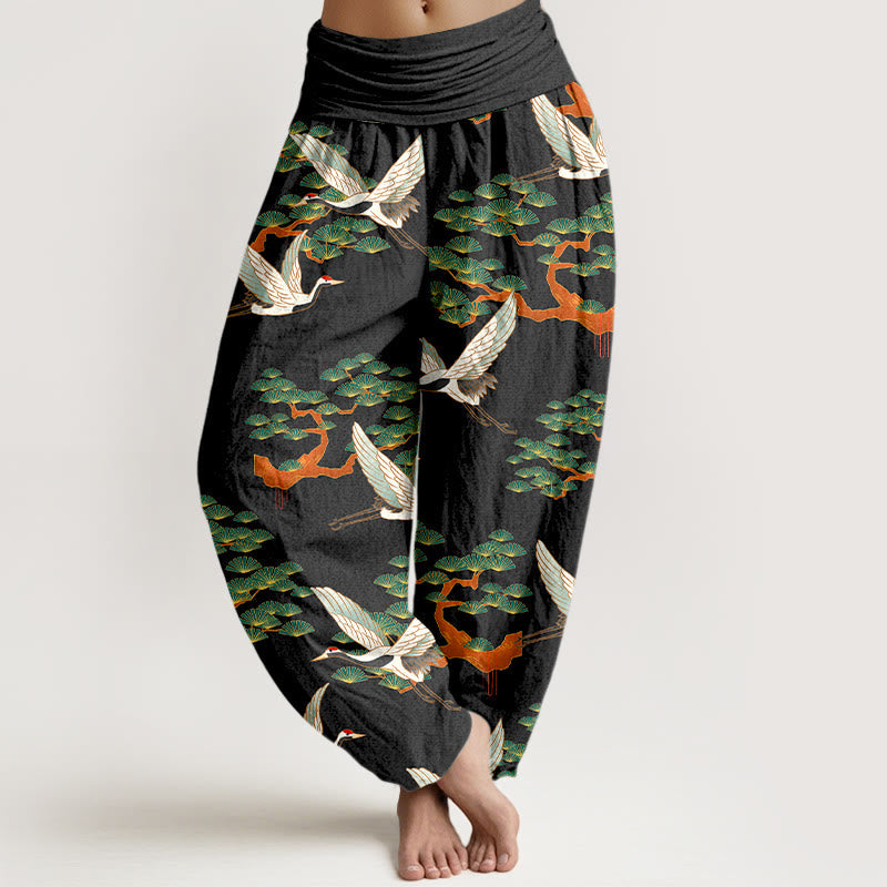 Breathable Cotton Crane Print Meditation Harem Pants