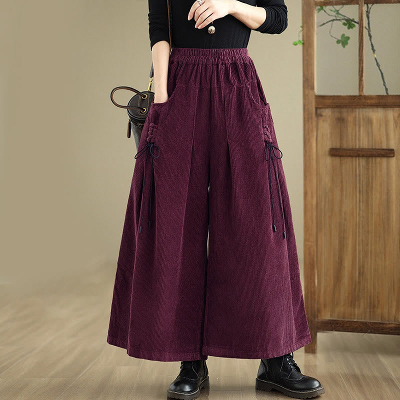 Women's Pure Color Drawstring Design Wide Leg Corduroy Pants With Pockets