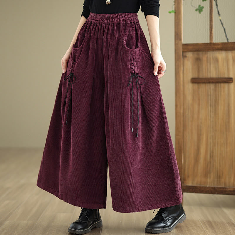 Women's Pure Color Drawstring Design Wide Leg Corduroy Pants With Pockets